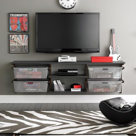 Graphite & Slate Elfa Media Center | The Container Store Media Room Furniture, Set Up Gamer, Media Room Decor, Geek Room, Entertainment Room Decor, Elfa Shelving, Small Game Rooms, Shop Shelving, Hangout Room