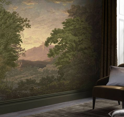 10 of the best scenic wallpapers - The English Home Brown Sketch, Forest Morning, Bathroom Wall Mural, Cotton Painting, Forest Mural, Scenic Wallpaper, Cosy Living, Cosy Living Room, Warm Lighting