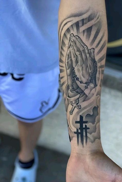 Guy Wrist Tattoos, Cross Forearm Tattoo Men Half Sleeves, Mans Tattoo Arm, Biblical Forearm Tattoos For Men, Men’s Tattoo Ideas Forarm, Mexican Tattoo Ideas For Men Sleeve, Red Accent Tattoo, Quarter Sleeve Tattoo Men, God Tattoos Men