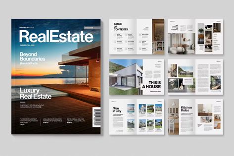 Real Estate Magazine Template, Print Templates ft. real & realtor - Envato Elements Real Estate Magazine Design, Real Estate Magazine Cover, Real Estate Advertising Design, Magazine Portfolio, Real Estate Magazine, Design Staircase, Real Estate Brochure, Catalog Design Layout, Real Estate Advertising