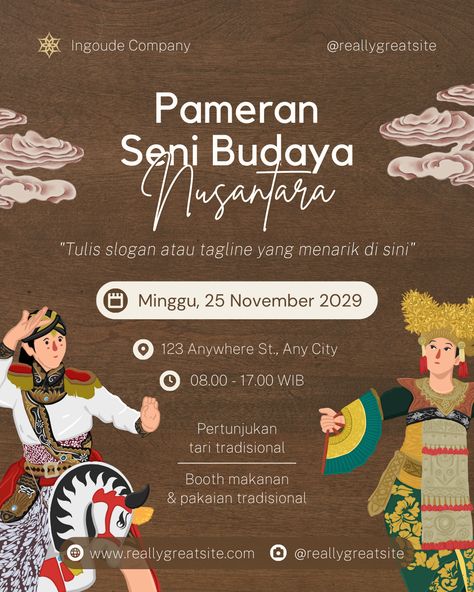 Template desian poster pameran budaya yang bisa kalian gunakan untuk acara pentas seni kalian, baik acara resmi maupun kepemerintahan. Untuk menggunakan desain ini, kalian bisa mengunjungi akun canva kami. Pentas Seni, Catalog Design Inspiration, Keyword Elements Canva, Desain Buklet, Indonesian Art, Poster Layout, Catalog Design, Event Poster, Poster Template