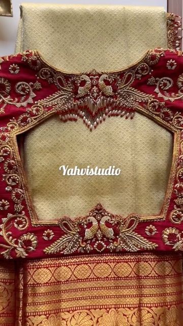 Bridal Blouse Back Neck Designs Latest, Aari Work Blouse For Engagement, Blouse Hand Patterns, Arri Work Blouse Designs Wedding, Workblousedesigns Latest, Lotus Blouse Design, Maroon Blouse Designs Bridal, Muhurtham Blouse Designs, Heavy Maggam Work Blouse Designs Latest