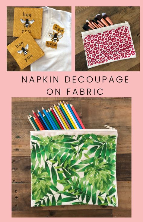 Learn to transfer napkins to fabric with Mod Podge! Handmade Happy Hour with @cathiefilian and Steve are decoupaging tee shirts and canvas storage bags with trendy napkins…. and they are machine washable! Don’t miss the fashion crafting fun, watch this video on YouTube and learn how to do it yourself! Decoupage On Canvas Diy, Fabric Mod Podge Ideas, Modge Podge On Fabric, Mod Podge Fabric Crafts, Decoupage Napkins On Canvas, Thjoko Ideas, Decoupage Fabric Ideas, Napkin Mod Podge Ideas, Diy Canvas Bag Decorating