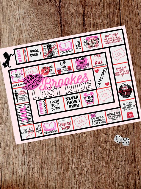 This game is the perfect addition for your bachelorette party celebration. Questions and games will help the brides' friends get to know each other and loosen up. FULLY CUSTOMIZEABLE-Customize the game for an even more special and unique experience. The game is simple, just gather around, grab some drinks, roll the dice and move around the board. Be prepared to laugh your butt off and get tipsy. WHAT YOU WILL RECIEVE -13x19 Laminated Game Board -6 Game Pieces -2 Dice -Customized Solo Cups Bachelorette Diy Games, Board Game Bachelorette Party, Bachelorette Sleepover Games, Bachelorette Party Board Games, Bachlorette Party Activities Fun, Bachelorette Party Games At Home, Bachelorette Board Game Diy, Bachelorette Board Games, Bachelorette Party Activity Ideas