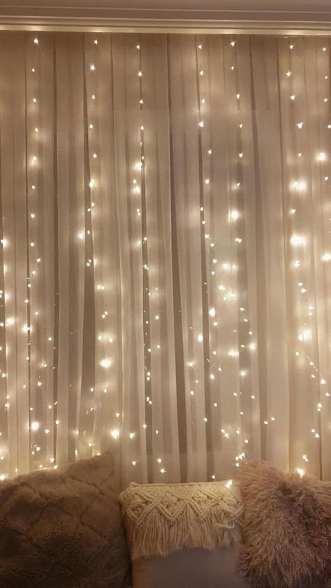 Fairy Lights Behind Curtain, White Curtains With Fairy Lights, Aesthetic Fairy Lights Bedroom, Fairy Lights In Bedroom, Led Lights Curtain, Curtain Lights Bedroom, Fairy Light Wall, Fairy Light Curtain, Christmas Decorations Apartment