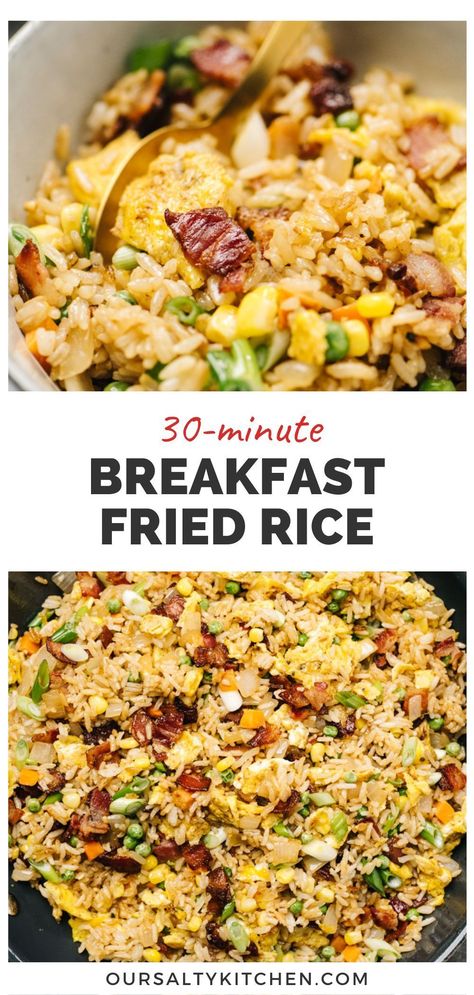 Eggs And Rice Breakfast Healthy, Bacon And Egg Rice Bowl, Rice Eggs Recipe, Breakfast Fried Rice Skinnytaste, Bacon Egg And Cheese Fried Rice, Fried Rice Breakfast Bowl, Healthy Rice Breakfast, Breakfast With Rice And Egg, Breakfast Egg Fried Rice