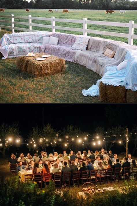 Rustic Yard Wedding Ideas, Wedding On A Farm Ideas, Hay Benches For Wedding, Tractor Tire Wedding Decor, Farm Inspired Wedding, Hey Bales Wedding Ceremony Seating, Outside Farm Wedding Ideas, Rustic Outdoor Wedding Seating, Small Farm Wedding Simple