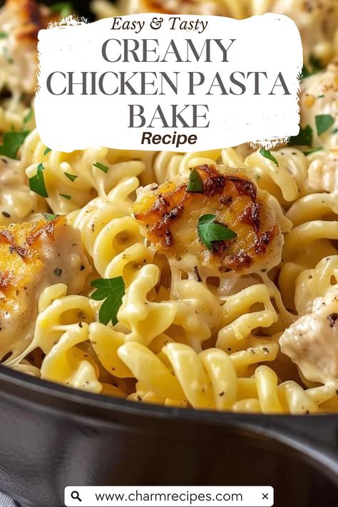 Step-by-Step Guide to Making Creamy Chicken Pasta Bake Recipe Chicken And Pasta Dishes For Dinner, Creamy Chicken With Pasta, Chicken And Pasta Healthy, Chicken Bake Recipes Easy 4 Ingredients, Chicken Over Pasta Recipes, Baked Creamy Chicken Mozzarella Pasta, Cream Of Chicken Recipes Pasta, Baked Chicken With Pasta, Chicken Pasta Dump And Bake