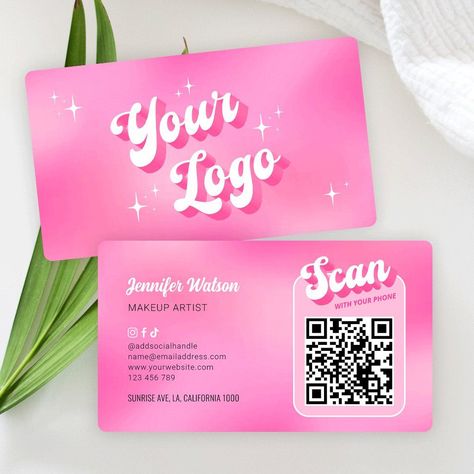 Modern Groovy Pink Logo Makeup Nails Salon QR Code Business Card | Zazzle minimalistlogo #graphicdesignbusiness #designer Lash Business Color Schemes, Nostalgic Fonts, Aesthetic Business Cards, Vertical Business Card Design, Studio Lash, Girly Business Cards, Business Card Ideas, Booth Setup, Facial Room