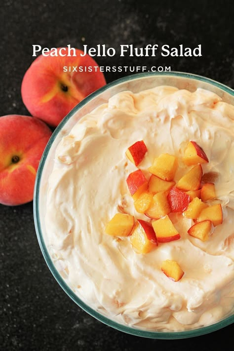 Peach Jello Fluff Salad Recipe Peach Congealed Salad Recipes, Peach Jello Salad Recipes, Pastina Salad Recipes, Peach Fluff Jello Salad, Peach Jello Recipes, Millionaire Peach Salad, Peach Fluff Salad, Peach Jello Dessert, Jello Salad Recipes With Cool Whip