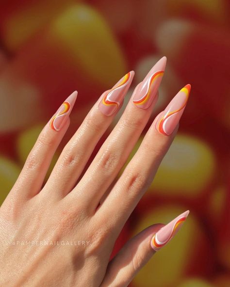 Pamper Nail Gallery® on Instagram: “🧡🎃 Candy Corn Swirls – Nude and Orange, Yellow, White Swirl Nail The fan favorite candy corn swirled over a neutral shade! Tis the season,…” Alcohol Cleanse, Candy Corn Nails, Swirl Nail, Swirl Nail Art, Horror Nails, Swirl Nails, Silver Glitter Nails, Cleansing Pads, White Polish