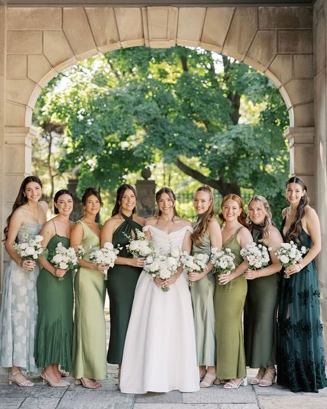 @elizabethinlove with this beautiful mismatched green bridesmaid dresses for Andie’s stunning wedding 💚 Variety Green Bridesmaid Dresses, Mismatched Bridesmaid Dresses Color Palette, Mismatched Dark Bridesmaid Dresses, Same Color Different Style Bridesmaid Dresses, Best Bridesmaid Dress Colors, Wedding Colors Fall Green, Bridesmaid Dresses Same Colour Different Style, Mismatched Green Wedding Party, Green Palate Bridesmaid Dresses