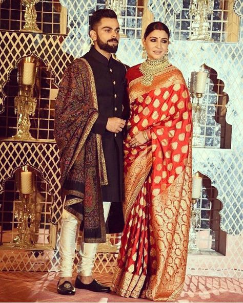 #anushkasharma #viratkohli #reception #Sabyasachi #bridesofsabyasachi #benarasi #weddinginspiration Indian Bridal Reception Outfit, Walima Stage, Mehendi Setup, Anushka Sharma And Virat, Virat Kohli And Anushka, Sabyasachi Sarees, Wedding Outfits For Groom, Indian Groom Wear, Wedding Dresses Men Indian