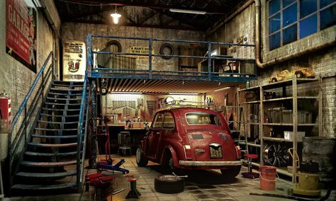 Garage by Dengo (1) Officine In Garage, Plan Garage, Underground Parking, Garage Loft, Car Parks, Cool Garages, Car Workshop, Old Garage, Garage Office