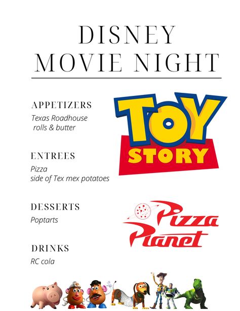 Enjoy Toy Story and a treat with the family on movie night! Toy Story Movie Night Ideas, Disney Movie Night Ideas, Cousin Activities, Family Movie Night Food, Toy Story Movie Night, Disney Movie Themed Dinner, Movie Meals, Movie Recipes, Disney Christmas Movies