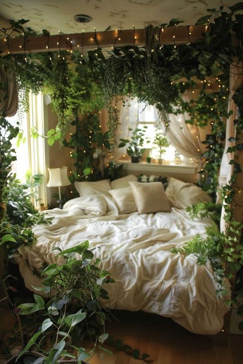 Canopy Bed Green Room, Earth Witch Bedroom, Forest Aesthetic Bedroom Ideas, Forestry Room Aesthetic, Earthy Room Aesthetic Bedroom, Cozy House With Plants, Room Ideas Aesthetic Nature, Earthy Canopy Bed, Earthy Bedroom Furniture