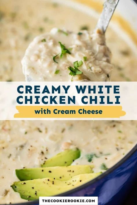 Creamy White Chili With Cream Cheese, Thick White Chicken Chili, White Chicken Chili With Cream Cheese, White Chicken Chilli Recipes, White Chicken Chili Cream Cheese, Chicken Chili With Cream Cheese, Chili With Cream Cheese, Best White Chicken Chili Recipe, Creamy White Chili