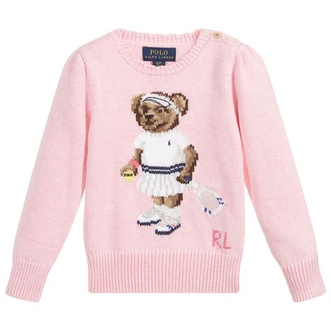 Girls pink sweater from Polo Ralph Lauren, knitted in soft mid-weight cotton with a cute bear design on the front. The smaller sizes have button fastenings on the shoulder. Polo Sweater Outfit, Pink Range Rovers, Baby Pink Sweater, Teddy Sweater, Teddy Bear Sweater, Knitted Teddy Bear, Pull Rose, Pink Teddy Bear, Bear Outfits