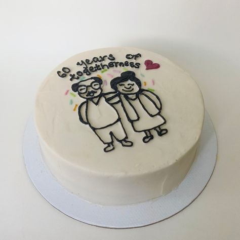 aesthetic anniversary cake with illustration Aesthetic Cake Designs Anniversary, Anniversary Cake For Grandparents, Desserts For Anniversary, Simple Cake Designs For Anniversary, Anniversary Aesthetic Cake, Bento Cake For Anniversary Couple, Cake For Parents Anniversary, Parents Birthday Cake, Anniversary Cake Funny