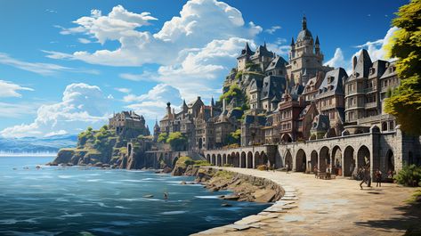 Coast City Fantasy Art, Coastal Town Fantasy Art, Fantasy Ocean Village, Medieval Coastal City, Seaside Village Fantasy Art, Seaside City Fantasy Art, Coastal City Fantasy Art, Fantasy Coastal City, Medieval Port City