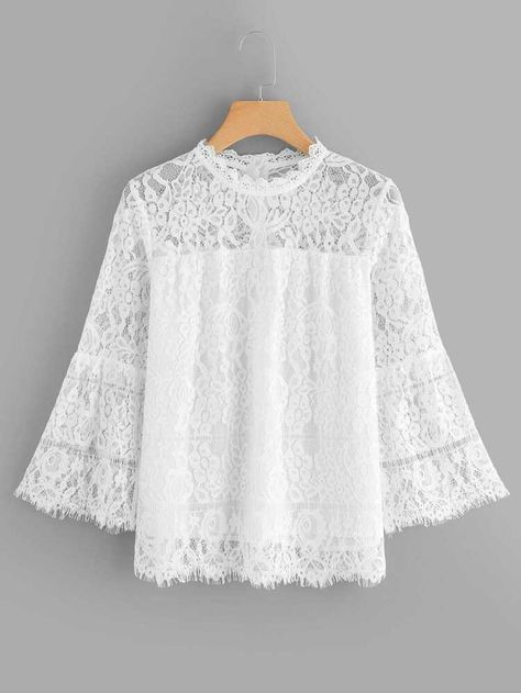 Free Returns ✓ Free Shipping On Orders $49+ ✓. Contrast Lace Solid Blouse- Blouses at SHEIN. Net Top Design, Lace Top Design, Lace Dress Outfit, Lace Outer, Kebaya Modern Dress, Women Lace Blouse, Stylish Short Dresses, Lace Outfit, Short Lace Dress