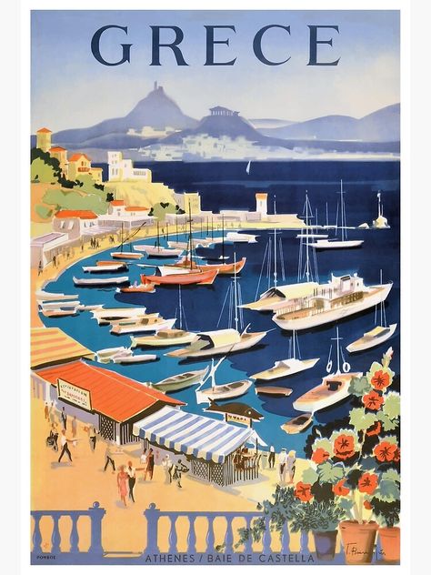 "1955 Greece Athens Bay of Castella Travel Poster" Poster by retrographics | Redbubble Greece Tourism, Postcard Wedding, Athens Travel, Postal Vintage, Tourism Poster, Travel Postcard, Wedding Vision, Retro Travel Poster, Visiting Greece