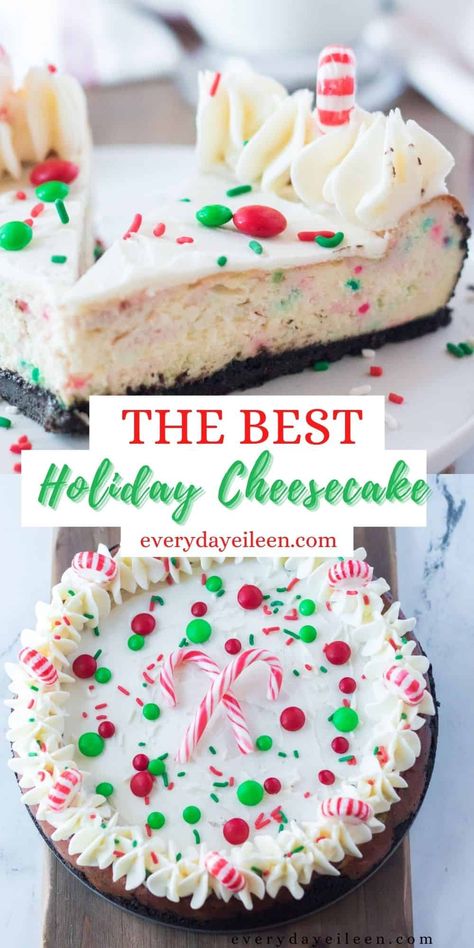 Enjoy an easy and festive Christmas Cheesecake, A peppermint cheesecake with a decadently delicious peppermint buttercream topping. Decorate the top of the festive cheesecake with holiday candies and candy canes. Use your favorite decorating tip to make festive designs on the cheesecake. Christmas Swirl Cheesecake, Christmas Cheesecake No Bake Easy Recipes, Cheesecake Recipes Peppermint, Christmas Cheesecake Dessert, Icing For Cheesecake, Candy Cane Cheesecake Recipes, Christmas Cheesecake Bars Recipes, Little Debbie Christmas Cheesecake, Christmas Dessert Recipes Cheesecake