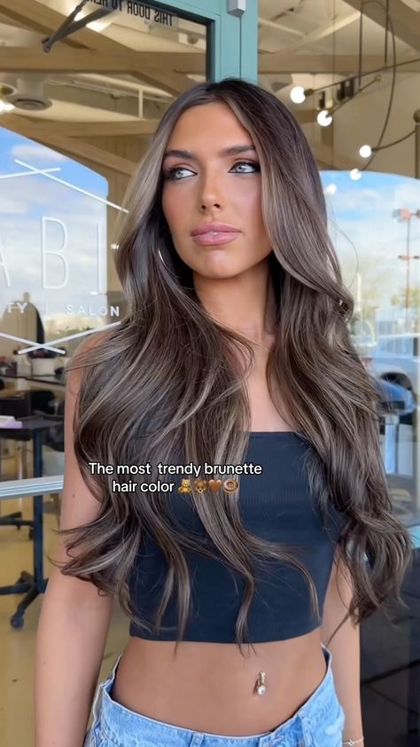 Chrissy Ellingson Rasmussen | The most trendy brunette hair color🐻🧸🍩🤎 @jordanbeckham wearing @habithairx brownie batter clipins! Get yours now at habithairx.com!… | Instagram Rich Brunette Hair Cool Tone, Hottest Brunette Hair Color, Solid Bronde Haircolor, Ashy Brunette Highlights, Ashy Chocolate Brown Hair, All Over Brunette, Ashy Brown Hair Balayage Brunettes, Chocolate Hair With Highlights, Brown Hair With Ashy Highlights