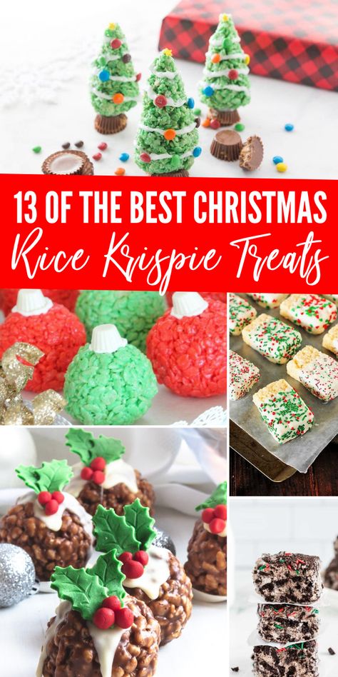 Christmas rice krispie treats are so fun and easy to make. From chocolate to white chocolate dipped and sprinkles galore. The best list for you to make for the holidays. #dessert #christmas #ricekrispies #treat #best #easy #nobake Christmas Candy Recipes With Rice Krispies, Rice Krispie Christmas Cookies, Rice Crispy Christmas Tree, Diy Christmas Rice Crispy Treats, Festive Rice Crispy Treats, Gooiest Rice Krispie Treats, Christmas Cookies Rice Krispies, Holiday Rice Crispy Treats Christmas, Christmas Treats With Rice Krispies