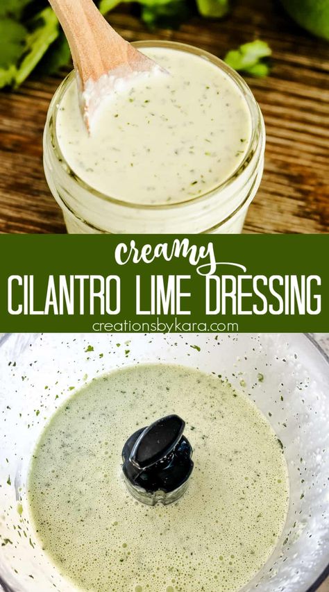 Spice up your salads with this flavorful Cafe Rio Cilantro Lime Dressing. Simply blend together all the ingredients for an amazingly delicious salad topping! #caferiodressing #cilantrolimedressing @Creations by Kara Cafe Rio Dressing, Cilantro Lime Ranch Dressing, Easy Naan Recipe, Biscoff Cookie Recipe, Lime Salad Dressing, Creamy Cilantro Dressing, Salad Topping, Vanilla Bean Cheesecake, Cafe Rio