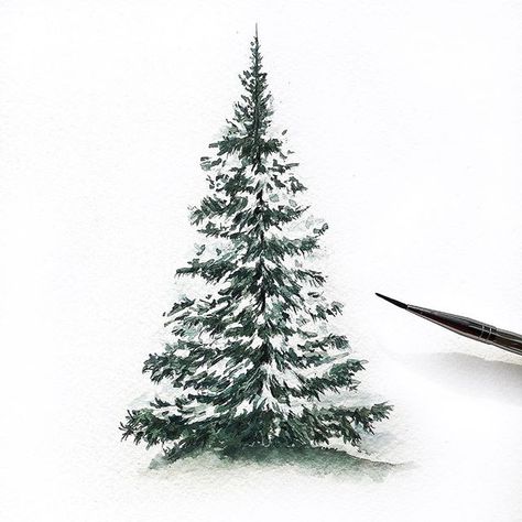 Snow covered pine tree 🌲. • • • Paper: @legionpaper (140 lb coldpress watercolor paper) Paint: @artezaofficial (Deep Green/Prussian Blue/Noir/Burnt Umber) Brush:  Royal&Langnickle (2) Christmas Tree Drawing Easy, Draw Mermaid, Christmas Mermaid, Snow Tattoo, Pine Tree Drawing, Pine Tree Painting, White Pine Tree, Mermaid Drawings, Christmas Tree Painting