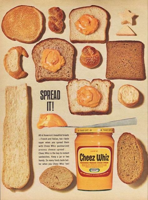 Vintage Food Posters, Cheez Whiz, Pub Decor, Retro Advertising, Food Ads, Retro Ads, Cheese Spread, Retro Recipes, Old Ads