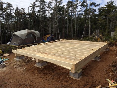 Basic framing for floor joist Cabin Foundation, Foundation Ideas, Building A Small Cabin, Diy Cabin, Building A Cabin, Cabin Floor, House Foundation, Off Grid Cabin, Hunting Cabin