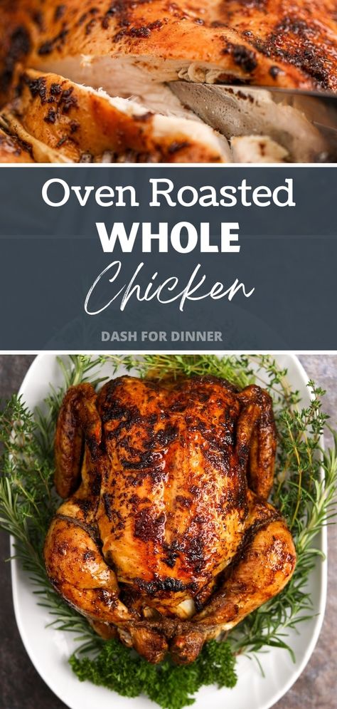 This easy and classic recipe for Oven Roasted Whole Chicken is a key recipe in any home cook's recipe book! This version is crispy, perfectly seasoned, and has tender and juicy meat. Whether you're looking for a whole chicken recipe for Sunday Dinner, Thanksgiving for a small family, or a Christmas entree, this simple roasted chicken is the perfect fit. Whole Chicken In Oven, Whole Chicken Recipes Oven, Baked Whole Chicken Recipes, Best Roast Chicken Recipe, Oven Roasted Whole Chicken, Whole Roast Chicken Recipe, Roasted Whole Chicken, Whole Baked Chicken, Best Roasted Chicken