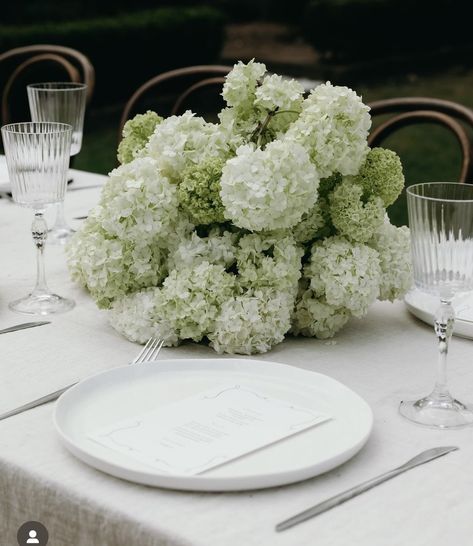 Bridal Flowers Hydrangea, Wedding Table Hydrangea, White And Green Wedding Tablescape, White Hydrangea Table Arrangements, Classy Hotel Wedding, Green Table Scape Wedding, Backyard Wedding Tablescape, Green And White Hydrangea Wedding, Hydrangea Aisle Wedding