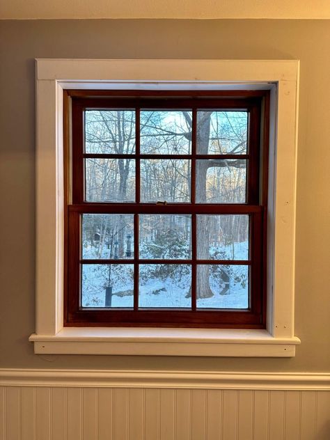 Baseboard And Window Trim Different Colors, Wood Window Casing With White Trim, Brown Windows White Trim Interior, Brown Interior Windows, Stained Windows With White Trim, Two Tone Window Trim, Wood Windows Painted Trim, Brown Window White Trim, Wood Stain Windows With White Trim