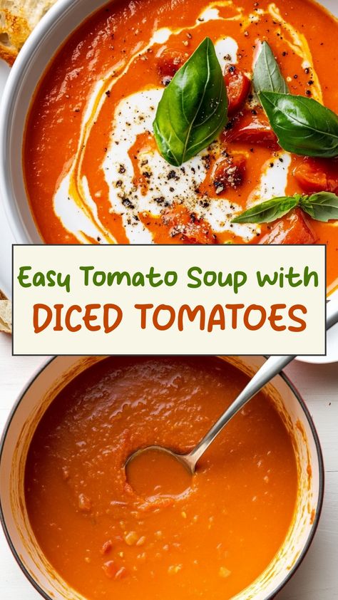 Indulge in the comforting flavor of homemade tomato soup with diced tomatoes. This easy recipe is perfect for a cozy night in or a quick lunch. With just a few ingredients, you can whip up this classic soup that is full of rich, savory goodness. Serve it alongside grilled cheese or enjoy it on its own for a satisfying meal that will warm you from the inside out. Whether you're cooking for your family or hosting guests, this tomato soup is sure to be a hit. Hi Made Tomato Soup, Tomato Soup From Canned Diced Tomatoes, What Can I Do With Tomatoes, Diced Tomato Soup, Easy Tomato Soup Recipes Quick, Homemade Tomato Soup Canned Tomatoes, Tomato Basil Soup With Canned Tomatoes, Canned Diced Tomatoes Recipes, Diced Tomato Recipes Canned