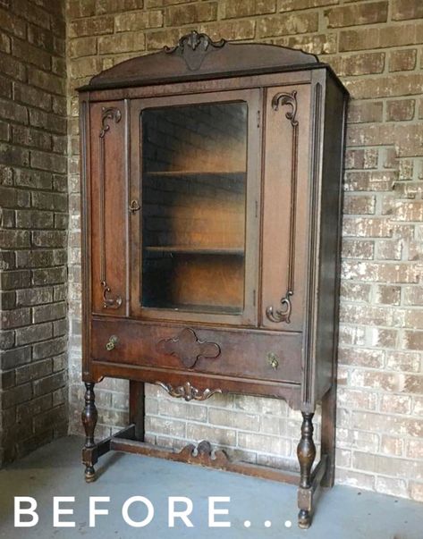 Jacobean Furniture Makeover, How To Paint Furniture Distressed, Art Deco Cabinet Makeover, Upcycled China Cabinet, Vintage China Cabinet Makeover, Upcycle Buffet, Buffet Cabinet Makeover, Vintage Hutch Makeover, Antique Buffet Makeover