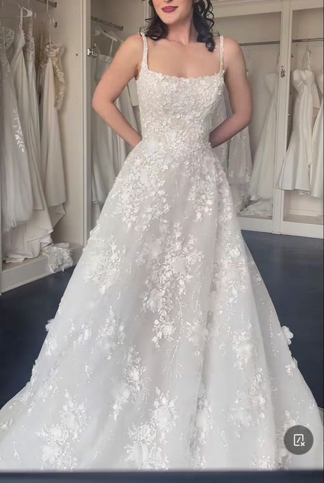 Floral Lace Applique Wedding Dress, Pretty Floral Wedding Dresses, A Line Full Skirt Wedding Dress, Wedding Dresses With Straps A Line, Tank Top Wedding Dresses, Wedding Dresses With Scoop Neckline, White Aline Wedding Dress, Wedding Dresses Lacy, Floral Organza Wedding Dress