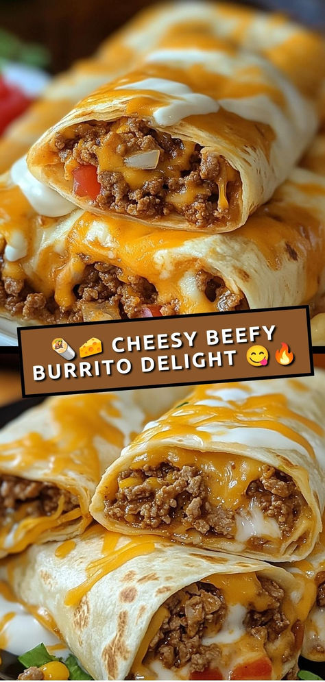 Savor these cheesy beefy burritos packed with seasoned ground beef, gooey cheese, and topped with salsa—perfect for any meal!  Ingredients:  1 lb ground beef 1 cup cooked rice 1 cup shredded cheddar cheese 4 large flour tortillas Loaded with flavorful beef, melty cheese, and a kick of salsa, these burritos are a comforting and delicious choice for lunch or dinner! Ground Beef With Tortilla Recipes, Ground Beef Recipes With Tortillas, Something New To Cook For Dinner, Ground Beef Wraps Flour Tortillas, Meals For Hamburger Meat, Dinner With Tortilla Wraps, What’s For Dinner Ground Beef, Cheesy Taco Roll Ups, Supper Ground Beef Recipes