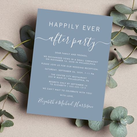 Chic Dusty Blue Wedding Reception Invitation Dusty Blue Wedding Reception, Reception Only Wedding Invitations, Casual Wedding Reception, Wedding Celebration Invitation, Happily Ever After Party, Ever After Party, Blue Wedding Receptions, Popular Wedding Invitations, Happily Ever After Wedding