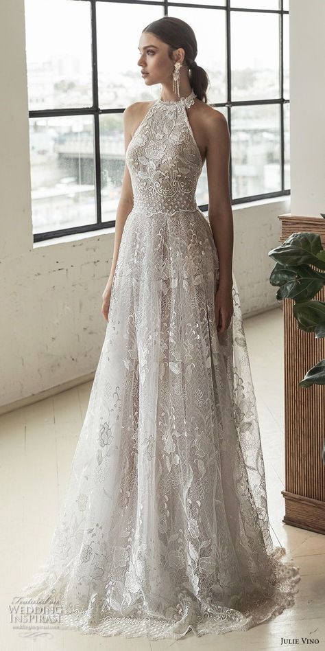 julie vino 2019 romanzo bridal sleeveless halter jewel neck full embellishment romantic a line wedding dress open back sweep train (4) mv -- Romanzo by Julie Vino 2019 Wedding Dresses #weddingdecorations #romanticweddings Simple Wedding Gowns, Rustic Wedding Decorations, Halter Wedding Dress, 2016 Wedding Dresses, A Wedding Dress, Beauty Dress, Jewel Neck, Diy Wedding Decorations, Romantic Weddings