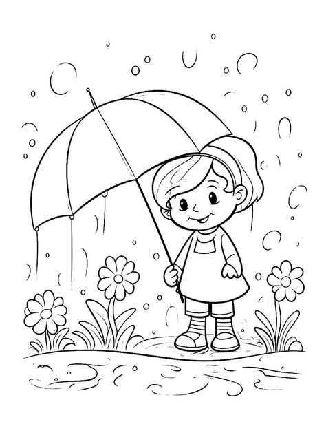 Monsoon Drawings For Kids, Rain Drawing For Kids, Spring Pictures For Kids, Rainy Day Drawing For Kids, Rainy Day Drawing Easy, Drawings For Kids To Color, Raining Drawing, Drawing For Kindergarten, Rain Drawing