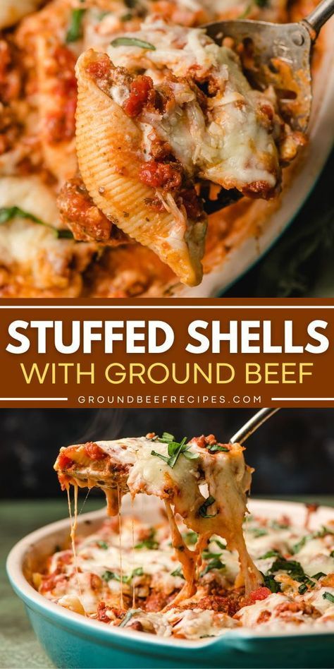 There's so much to love about these jumbo stuffed shells with ground beef! Complete with cottage cheese, these stuffed shells with meat are an extra delicious comfort food casserole. Plus, this pasta shell recipe is an easy comfort food dinner! Casserole Supper Ideas, Shells Stuffed With Meat, Stuffed Meat Shells, Meatball Stuffed Jumbo Shells, Ricotta Beef Stuffed Shells Gratin, Stuffed Shells With Ground Beef No Ricotta, Ground Beef Stuffed Shells Recipe, Stuffed Big Shell Pasta, Easy Jumbo Shells Recipe