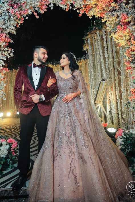 Indian Gown For Engagement, Bride Gowns Indian, Women Reception Dress Indian, Wedding Gowns For Reception, Gowns Dresses For Reception, Walima Couple Matching Dress, For Engagement Dress Indian, Engagement Bridal Outfit, Gown Bridal Indian