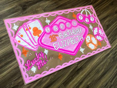 Client: Can you do a girly casino themed banner? Me: *creates this super sure and unique girly casino banner 🤩🪩🎰💗✨ Garden Party Banner, Birthday Butcher Paper Banner, 22nd Birthday Banner, Birthday Banners Painted, Diy Birthday Banner Ideas, Brown Paper Signs, Hand Painted Banner, Birthday Banner Painted, 21 Birthday Banner