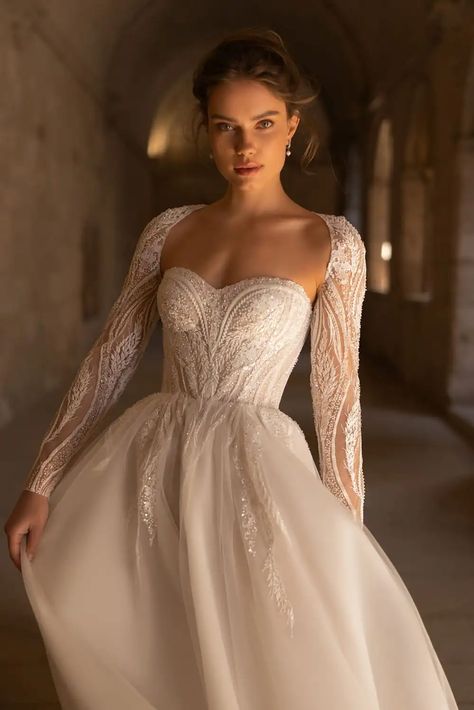 Sheer Floral Lace Wedding Dress With Long Sleeves, Lace Bodice Wedding Dress Sleeves, Wedding Dress Sweetheart Neckline With Sleeves, Detachable Sleeves Wedding Dress Beaded Lace, Long Sleeve Wedding Dress With Corset, Long Sleeve Detachable Wedding Dress, Corset Style Wedding Dress With Sleeves, Corset Wedding Dress A Line, Long Sleeve Wedding Dress Corset