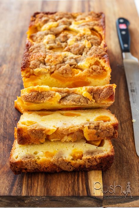 Peach Butter Cake Recipe, Recipes With Pound Cake In Them, Angel Food Peach Cake, Peaches And Cream Loaf 12 Tomatoes, Peach Loaf Cake Recipes, Peaches And Cream Loaf Cake, Sour Cream Peach Pound Cake, Peach Breakfast Cake, Peach Cobbler Loaf Cake