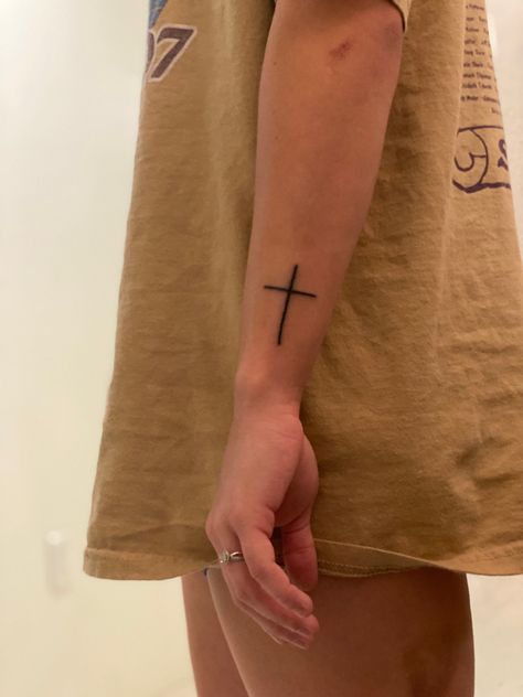 Christian Tricep Tattoo Men, Hand Tattoos Christian, Cross Tricep Tattoo Men, Plus Sign Tattoo, Christian Knee Tattoo, Arm Tattoo Men Bible Verse, Male Christian Tattoos, Simple Religious Tattoos, Tattoo Bible Verses Men