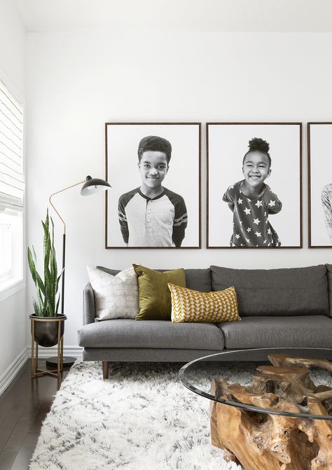 Photo Wall Big Pictures, Two Big Pictures On Wall, Family Potraits Idea Living Room, Living Room Decor Big Wall, Mid Century Modern Family Photo Wall, Portrait And Landscape Photo Wall, Big Photos On Wall Living Room, Big Wall Pictures Living Room, Modern Family Photo Wall Living Room